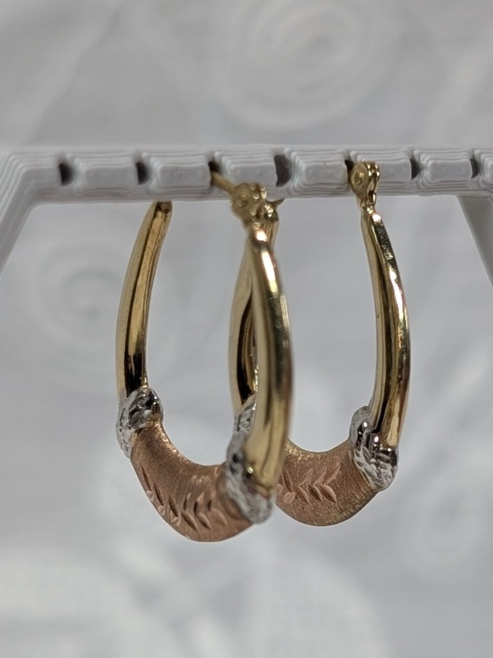Vintage Tri Color JCM 14K Puffy Teardrop Oval Hoops with Etching